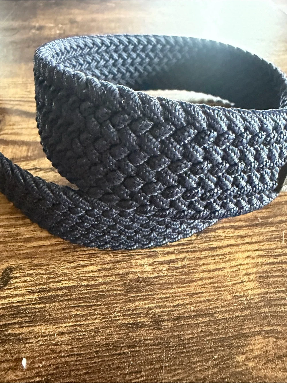 Bass Navy Woven Belt with Brown Leather and Brass Buckle